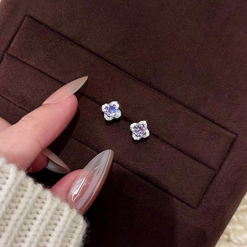 

Sterling Silver White Gold-Plated Purple Flower Stud Earrings with Zircon Stones - Chic Retro High-End Niche Style 925 Silver