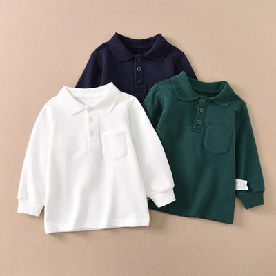Kids' Solid Color Polo Shirt with Turn-Down Collar - White Fleece School Uniform, Pure Cotton, Thick Top