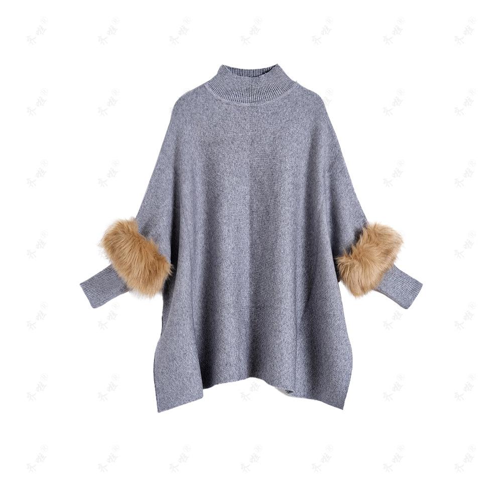 Осенне-зимний свободный свитер с высоким воротом, накидка, вязаный свитер, имитация меха, меховой рукав, свитер, большой размер, нижняя рубашка, куртка для женщин average size серый
