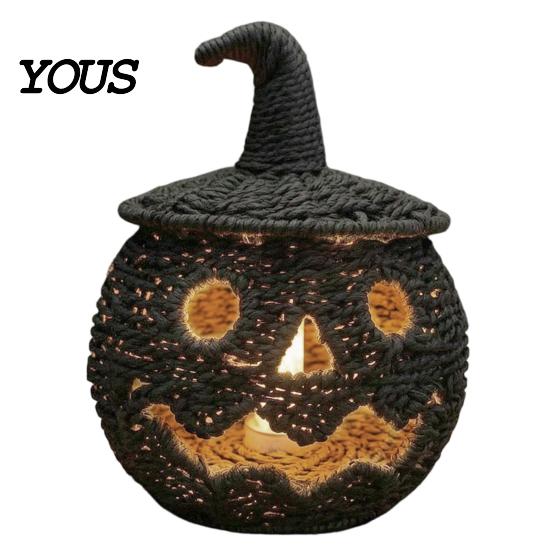 Rustieke Zeegras Opbergmand Handgeweven Halloween Pompoenmand, Spookachtige Snoepmand met Deksel, Vintage Rotan Seizoensgebonden Verlichte Lantaarn voor Veranda Display