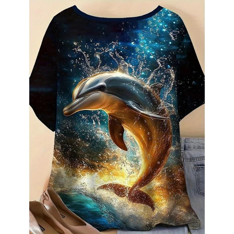 Casual Fashion Simple Abstract Painting Animal Sea Dolphin Breathable 3D Printed Round Neck Short Sleeve T-shirt Casual Sports Shirt