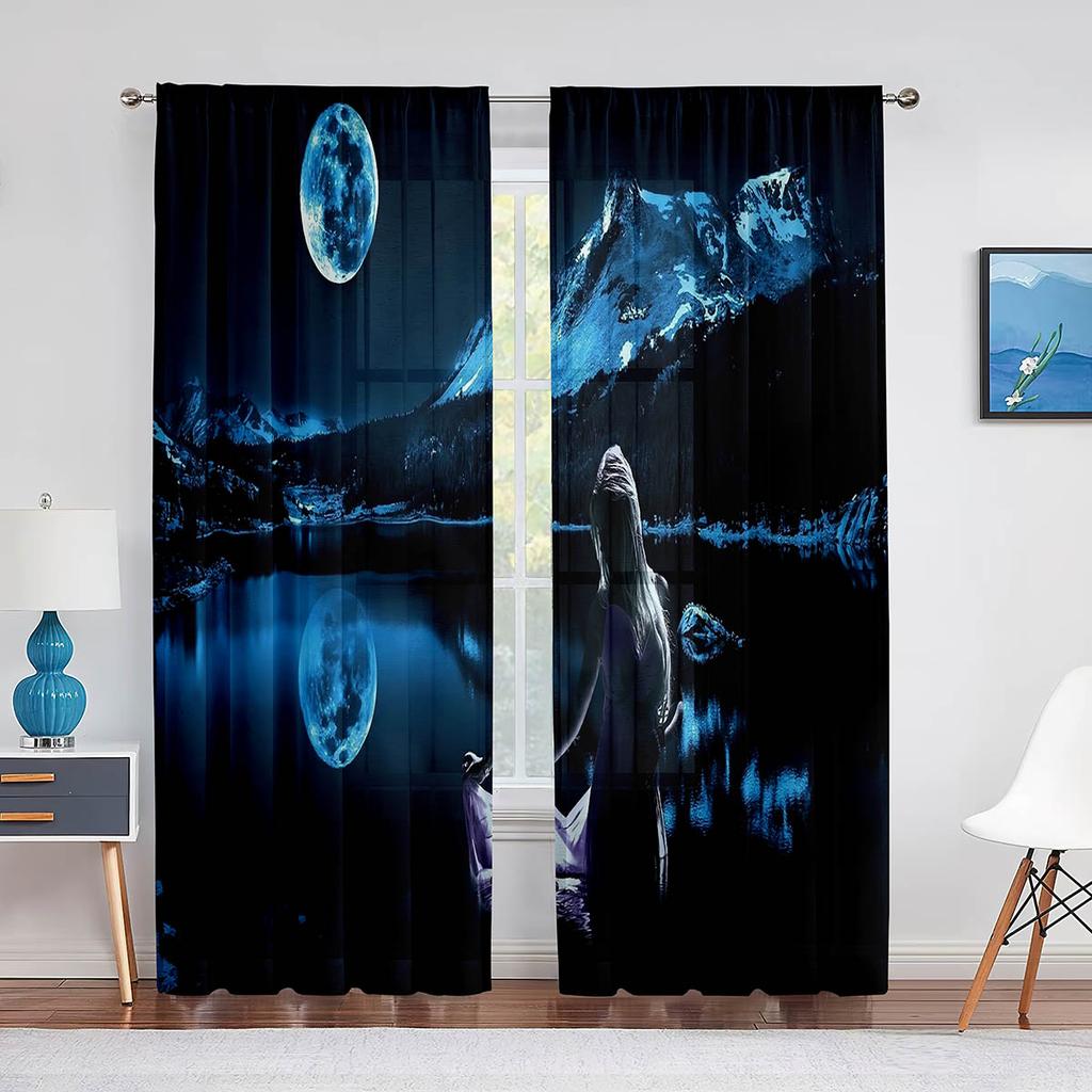 Night Sky Full Moon and Foggy Clouds with Sea Ocean Tulle Curtains for Living Room Bedroom Sheer Voile Kitchen Window Curtain