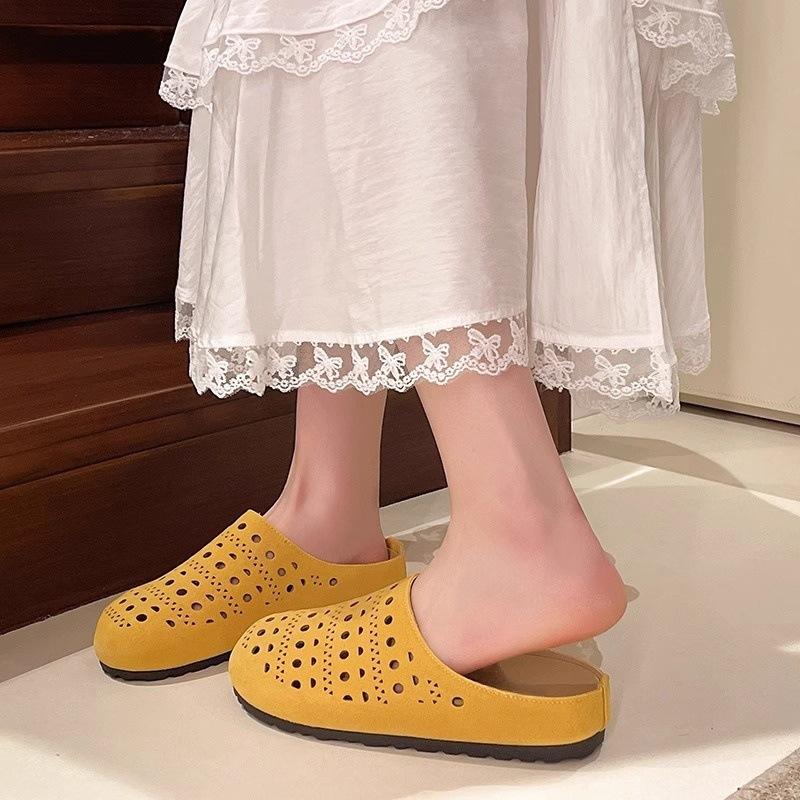 Spring and summer 2025 new retro versatile flat-bottomed Boken bag head slippers women's hollowed-out one-pedal soft-soled half slippers