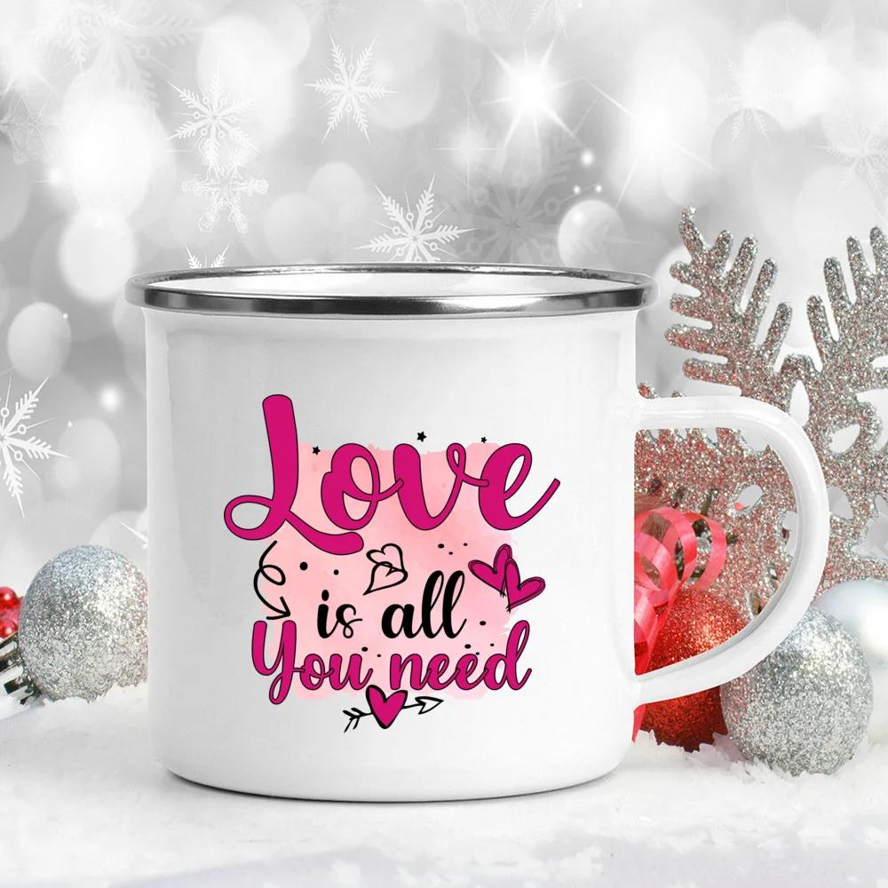 Love Heart Printed Camping Mug Valentine Party Juice Milk Cup Coffee Cups Enamel Mugs Valentine's Day Gifts for Family Friends