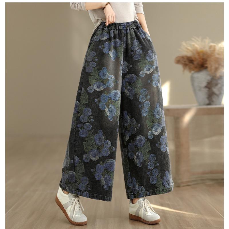 DIMANAF Plus Size Autumn 2025 Jeans New Long Pants Women Loose Denim Trousers Big Size Casual Floral Print