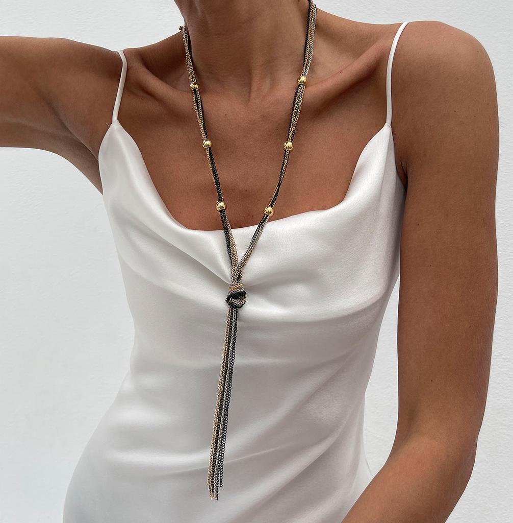 Fashion Style Metal Chain Knotted Fringed Necklace, Personalized Long Ccb Round Bead Necklace For Women