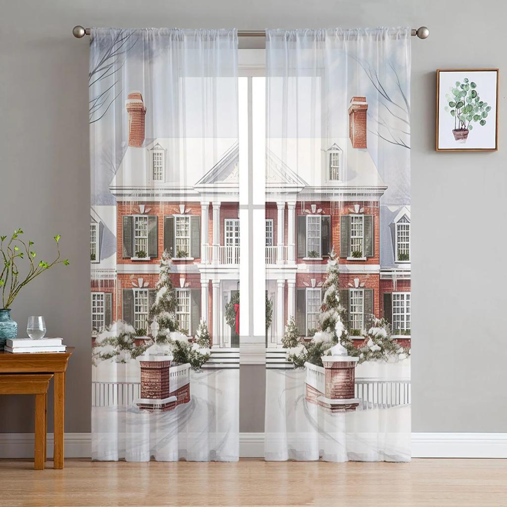 Vánoční sněhulák sněhová scéna růžový dům okno tylové záclony do obývacího pokoje kuchyně vánoční domácí dekorace průsvitné voálové záclony