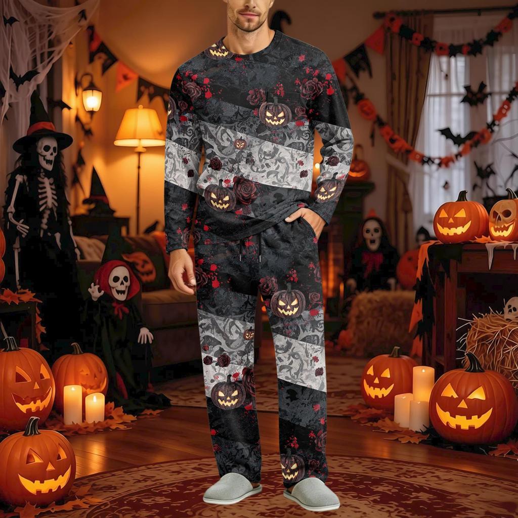 Men's Halloween Pajama Set Long Sleeve with Button Fly and Elastic Waist Drawstring for Sleepwear