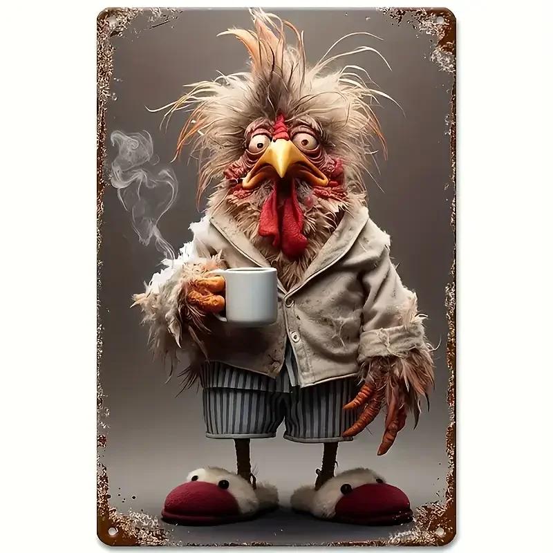 Kreative Geschenke Wanddeko Stil Huhn mit Kaffee Schrullig für Küche Vorgebohrte Löcher Blech Fra Metallschild Metallplakette
