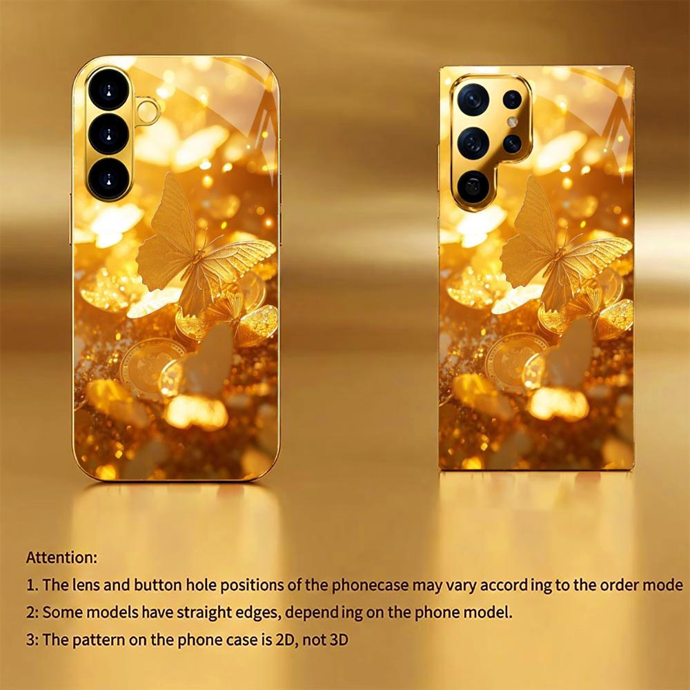 Goldener Schmetterling Glas Handyhülle für Samsung Galaxy S26 S25 S24 S23 S22 FE Ultra Plus Eingebautes Glas Gold Exquisit Wunderschön