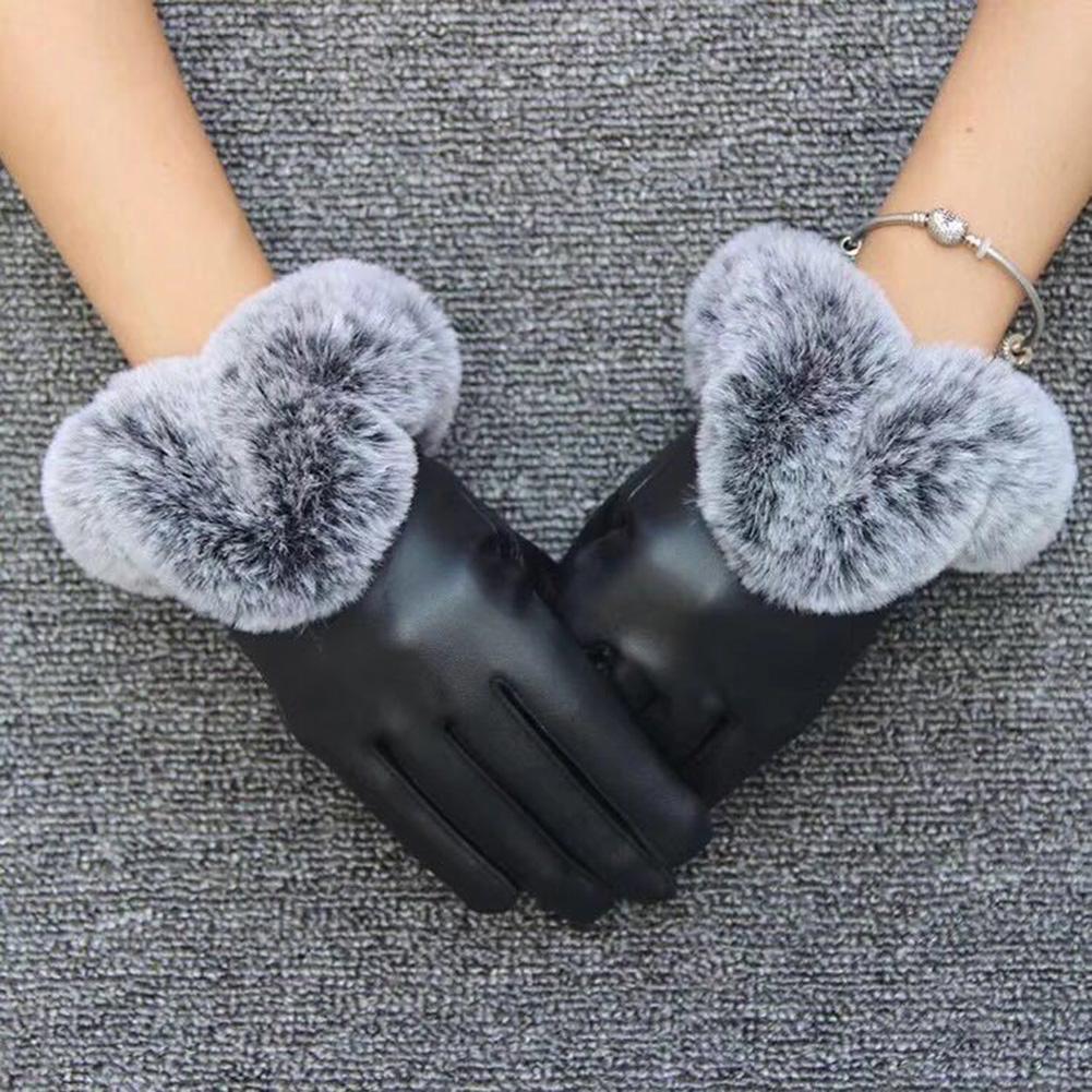 Women Winter Gloves Faux Rabbit Fur PU Leather Touch Screen Mittens Lady Female Outdoor Driving Warm Gloves