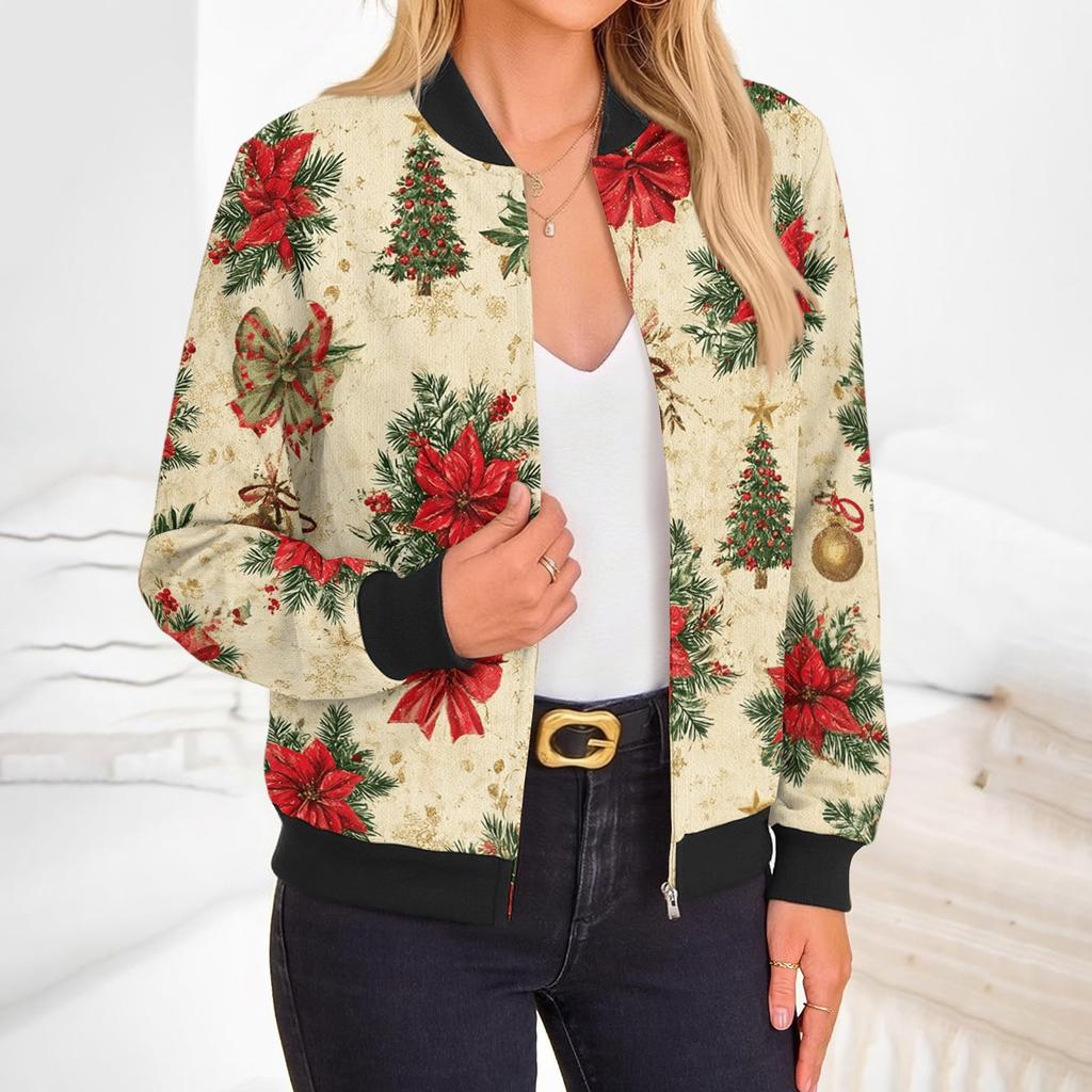 Women's Christmas Print Zip-Up Jacket Long Sleeve Crewneck Casual Holiday Outerwear