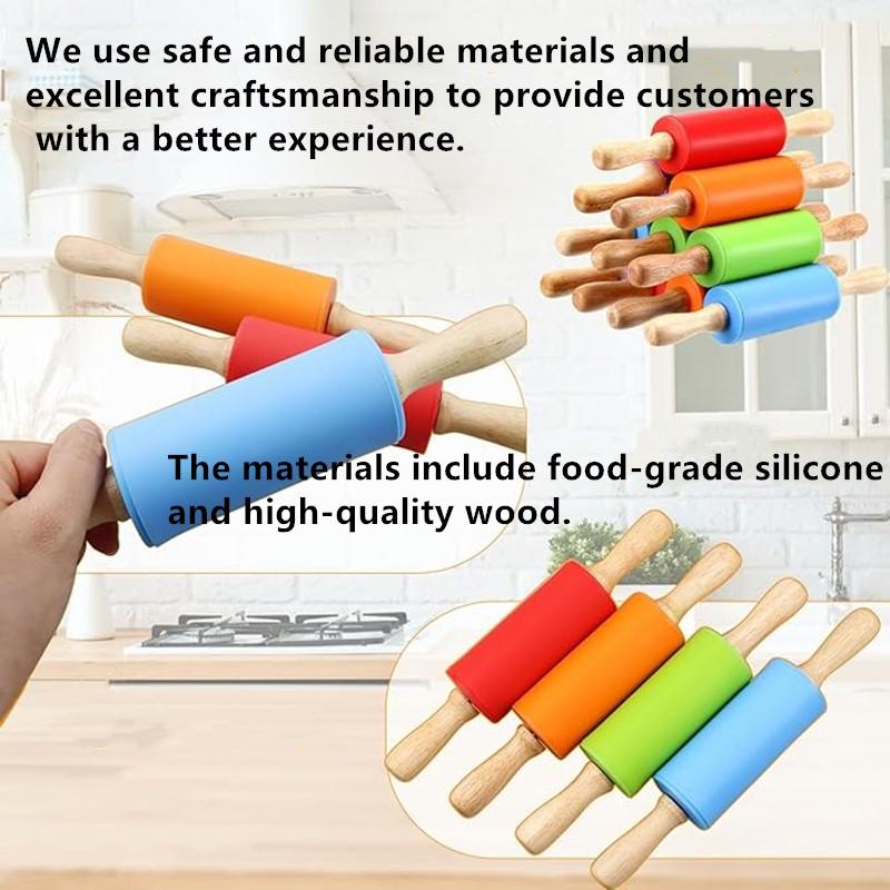1/4Pcs Non-Stick Silicone Rolling Pin Wooden Handle Pastry Dough Flour Roller Kitchen Cooking Kid Baking Tool For Pasta Dough