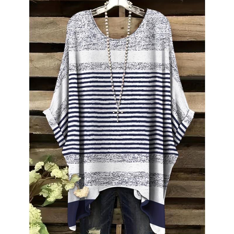 

All-over printed large size short-sleeved, striped contrasting color short-sleeved loose and comfortable women s large size T-shirt 1XL