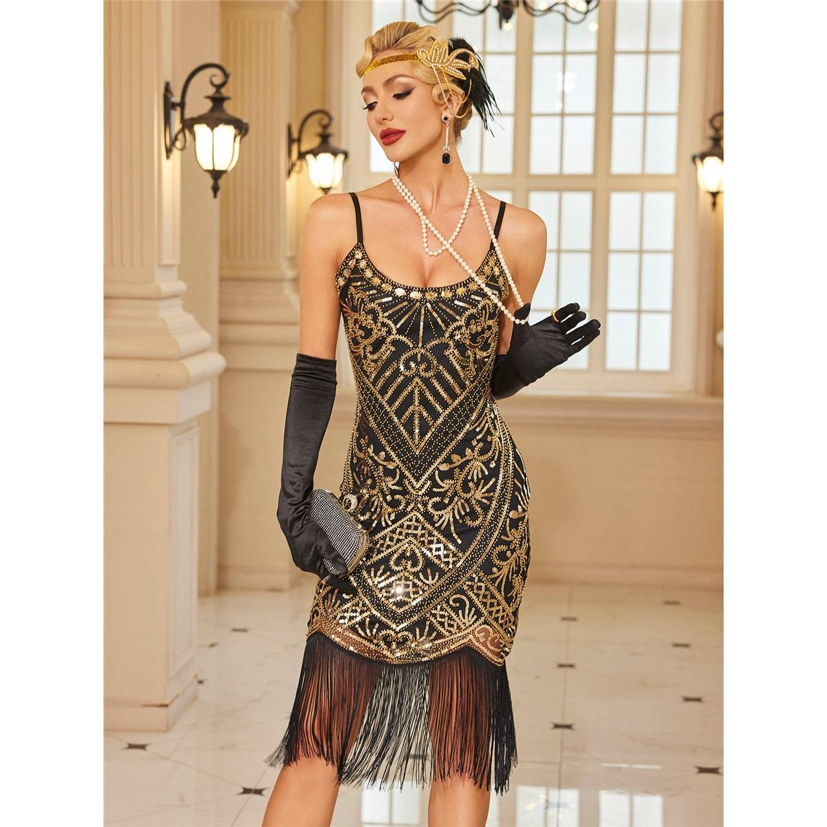 1920s Flapper Dress Sequin Fringe Spaghetti