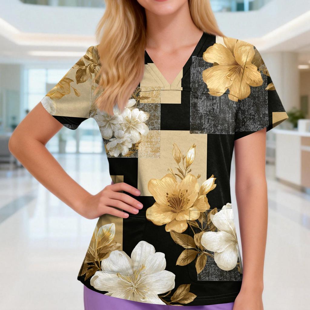 Damen V-Ausschnitt Drei-Taschen Kurzarm Retro-Print Uniform/Pflegekraft Oberteil Mit Schlitzen Am Saum