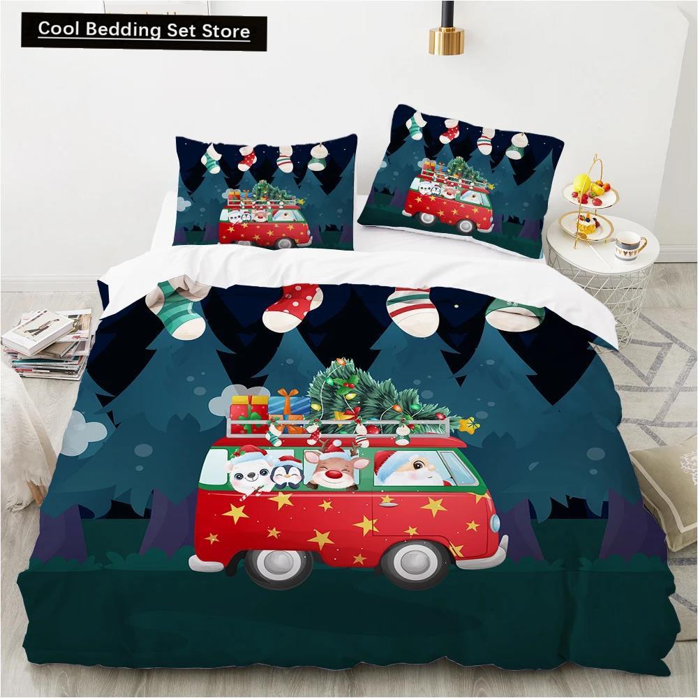Merry Christmas King Queen Duvet Red Cartoon Santa Car Animals Bedding Set for Children Boy Girl Happy Holiday Theme Quilt Cover