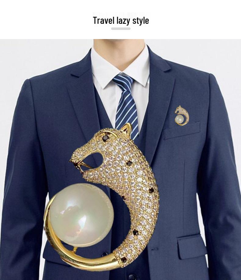 Luxury Copper Zircon Pearl Cheetah Brooch for Men and Women - Elegant Accessory for Suits and Shirts