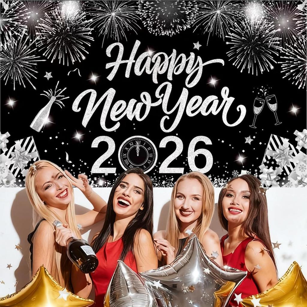 2026 New Year Banner Decorations 2026 Happy New Year Eve Party Decor, Black Silver Backdrop Party Supplies,71x43 Inches