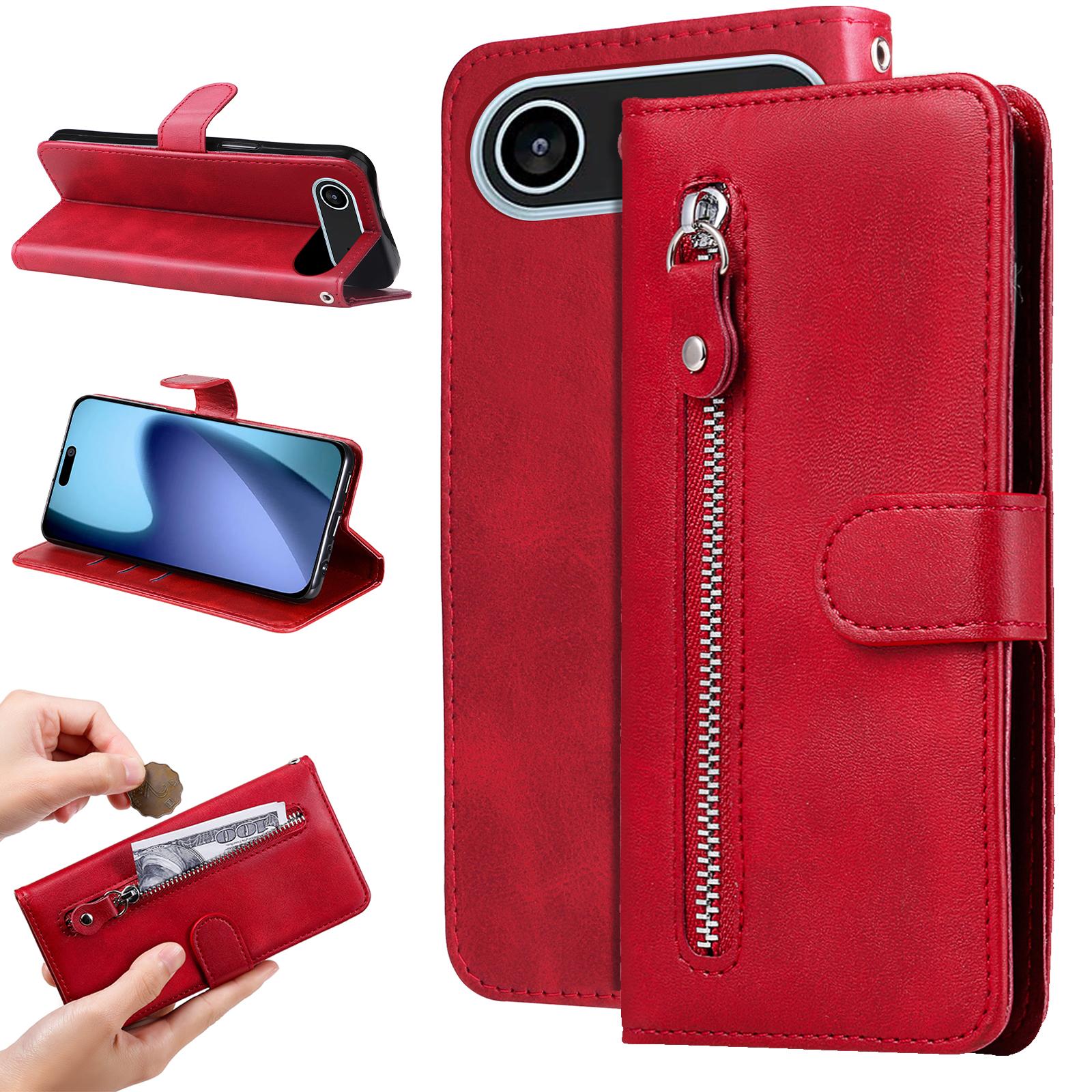

For iPhone 17 Air PU Leather Cases with Zipper Pocket Wallet Phone Cover Stand Red