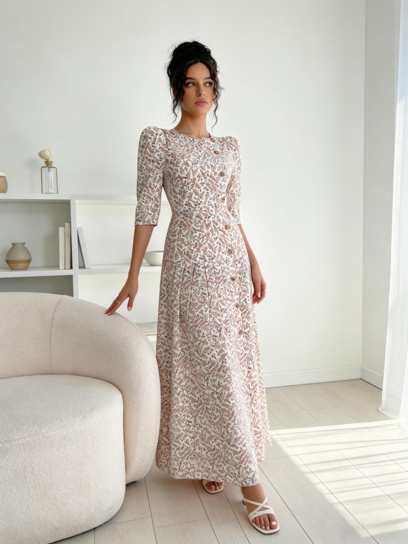 New French retro floral dress women s spring elegant waist and thin dress women s clothing S