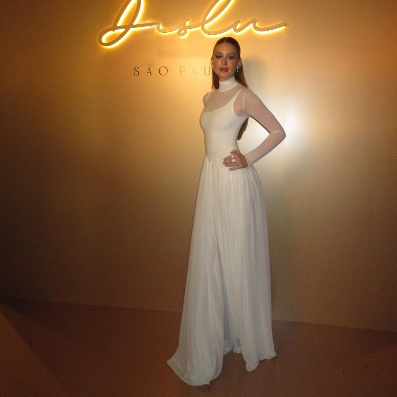 

Women s Winter Fashion Solid Color High-neck Elegant Simple Long-sleeved Dress S белый