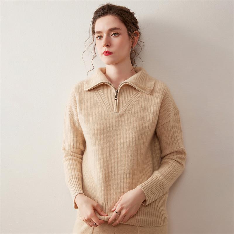 Women's Cashmere Lapel Knitwear: Autumn/Winter Half-Zip Loose Pullover, Versatile Lazy Style Top.