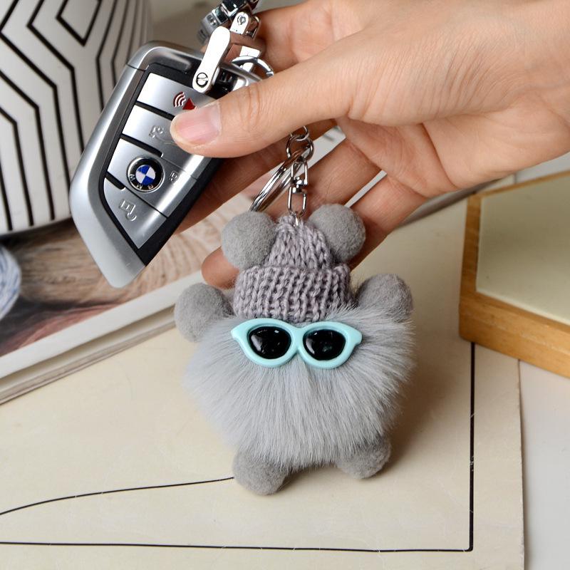 Faux Fur Plush Ball Keychain Ornament - Cartoon Doll Design