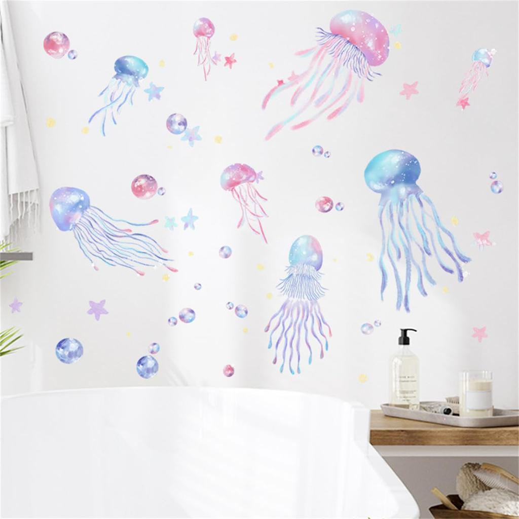 Stylish Sea Creatures Jellyfish Wall Stickers with Stars and Sea Water Removable Wall Decals for Study and Wall Bedroom Wall Sticker Designs, Drops,
