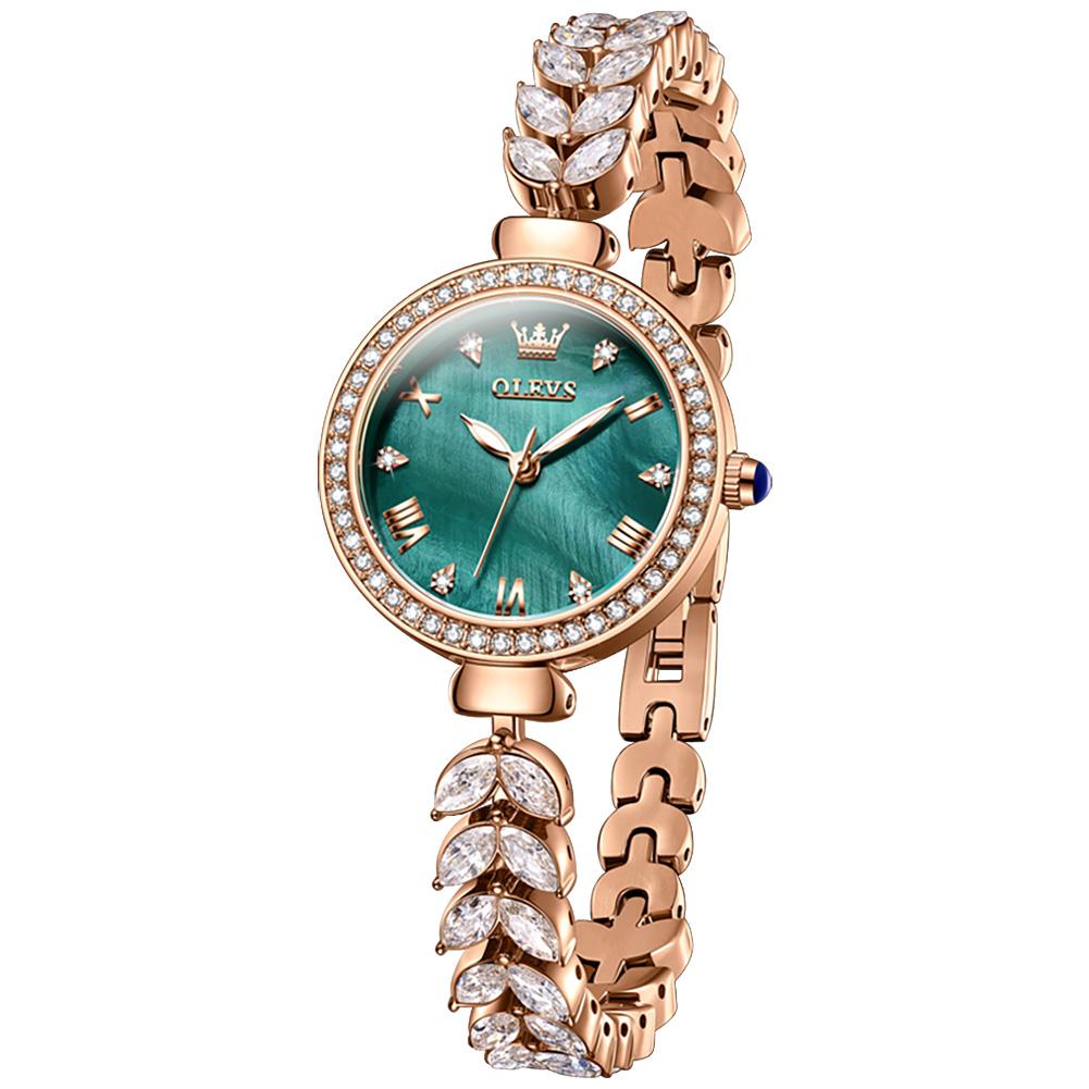 Luxury OLEVS Female Quartz Watch Crystal Inlaid Bezel Green Sunburst Dial Rose Gold Bracelet Ladies Dress Wristwatch Gift