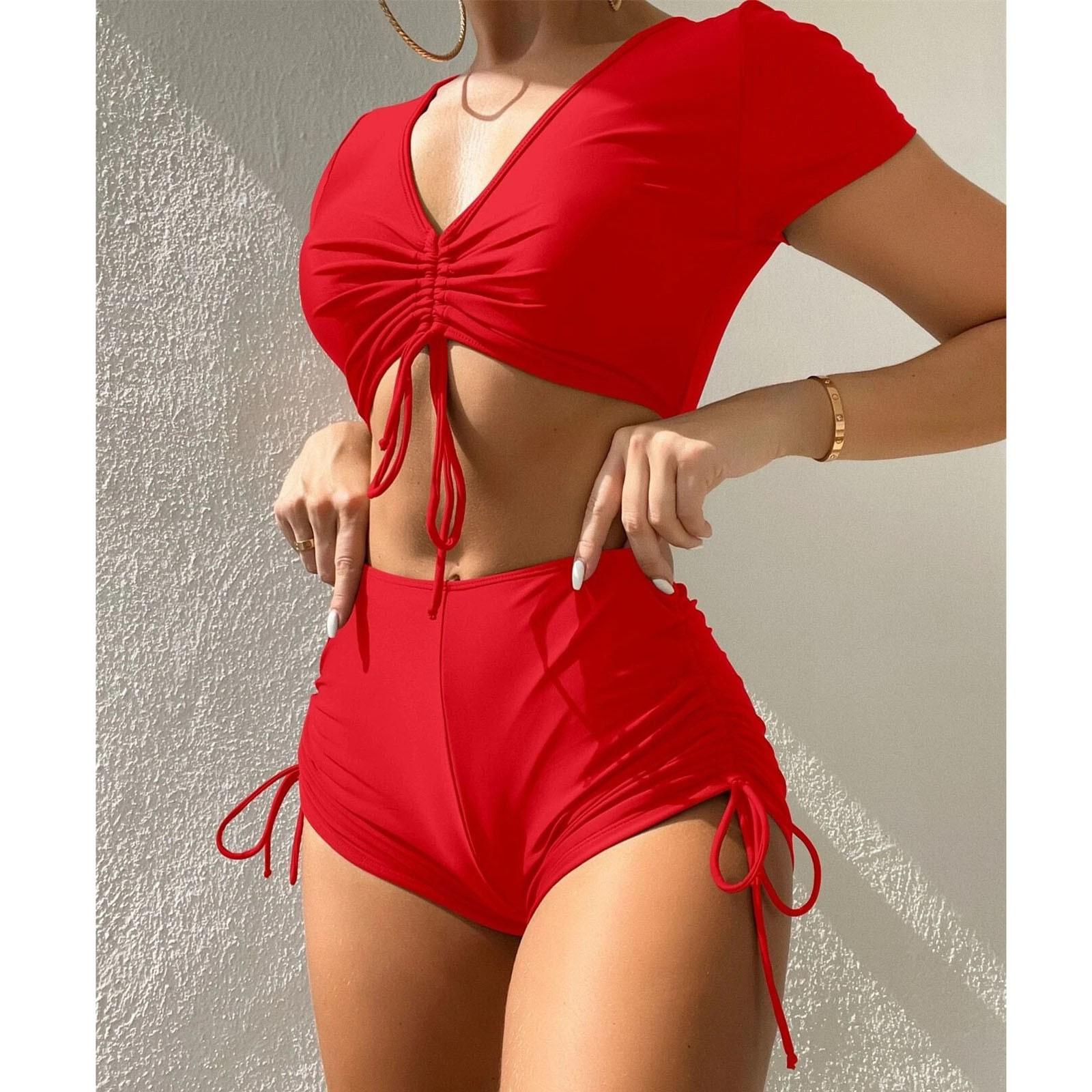 

Женский сексуальный раздельный купальник с высокой талией и короткими рукавами, комплект из двух частей XL красный