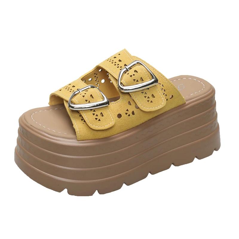 Fashion 8CM Trendy Streetlish Buckles Slippers for Women Nubuck Leather 2025 Summer Platform Shoes Ladies Comfort Fashion Slipper Woman