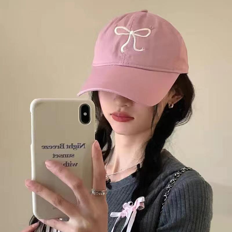 Baseball Cap Pink Embroidered Bow Design Sweet Cute Soft Top Adjustable Solid Color Fashion Baseball Cap for Women Girls