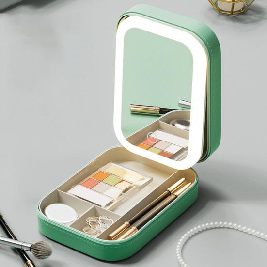 Reisesminkepose med LED-speil USB-oppladbart 3 farger Justerbart opplyst sminkespeil Bærbar reise Mini-speil Kosmetikkveske Smykker