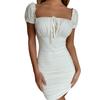 Summer Sexy Solid Color Lace-up Sweet Girlish Temperament Square Neck Short Sleeve Pleated Hip Skirt