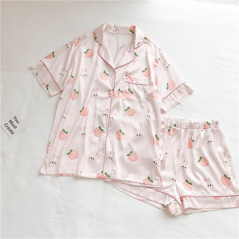Simple And Sweet Summer Pajamas Women'S Short-Sleeved Lapel Cardigan Peach Print Loungewear Nightdress