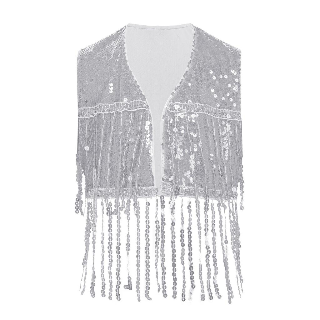 Girls Shiny Sequin Tassel Vest Sleeveless Open Front Fringed Crop Top Waistcoat for Jazz Dance