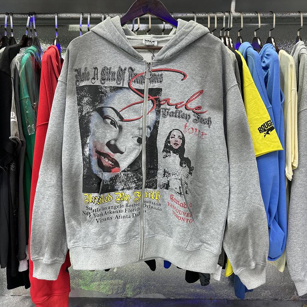 Unisex Retro Print Distressed Zipper Hoodie - Loose Fit, High Street American Style