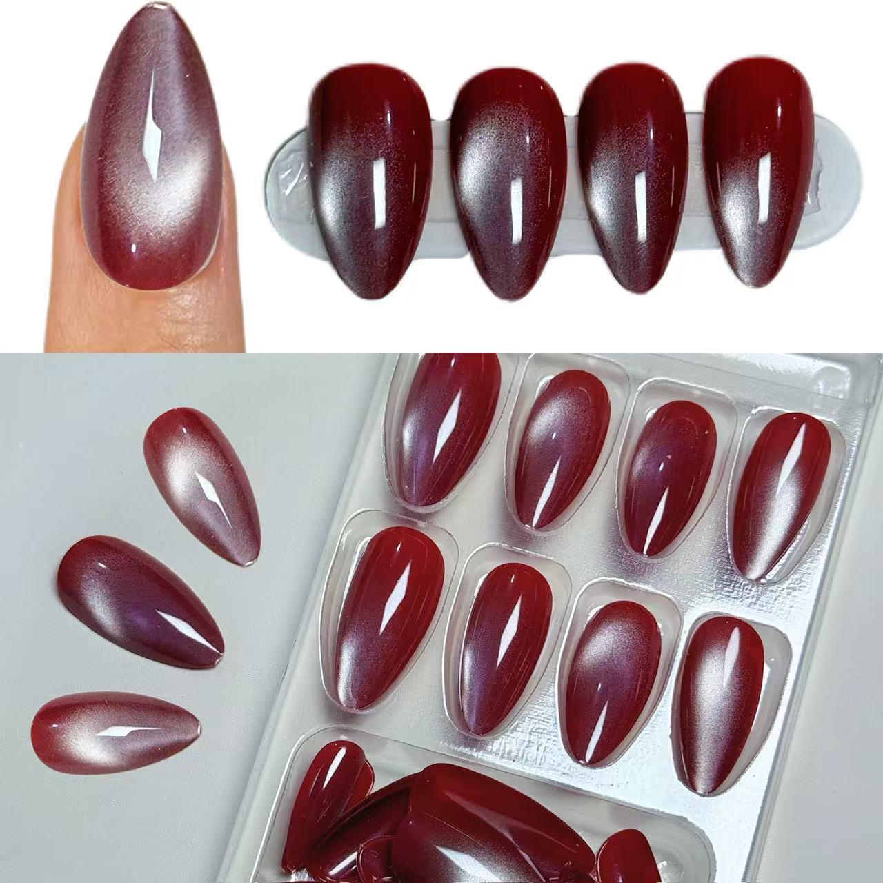 24-Piece Multi-Color Reverse French Cat Eye Nails Set - Water Drop Shaped Shiny Press-On Nails