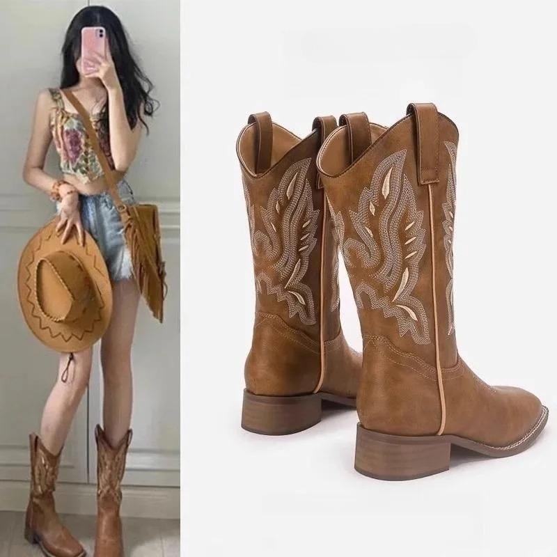 

Fashion Versatile Western Cowboy Boots Summer Coarse Heel Embroidered Sleeve Knight Boots Mid Barrel Square Head Horseshoe Large 35 светло-коричневого
