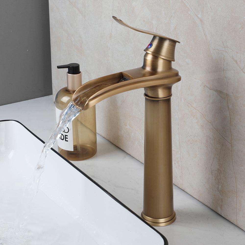 Antique Brass Bathroom Basin Sink Faucet Waterfall Hot Cold Mixer Tap Single Handle Basin Faucets Deck Mounted Tap