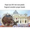 Rose Scented Wooden Rosary Beads with Pope Leos Charm Wood Catholic Rosary Beaded Christian Pendants Necklace for Prayer