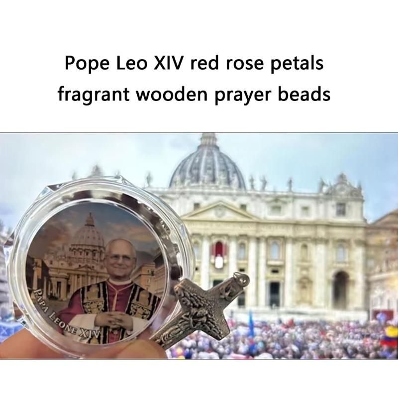 Rose Scented Wooden Rosary Beads with Pope Leos Charm Wood Catholic Rosary Beaded Christian Pendants Necklace for Prayer