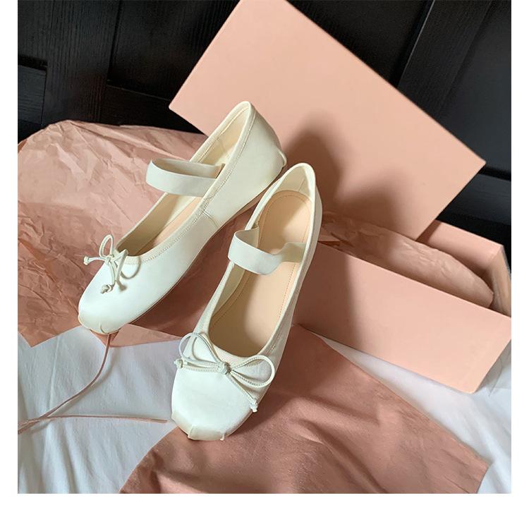 Sheepskin version~ soft-soled one-word leather ballet shoes women's bow round head flat-soled single shoes Mary Jane ladyshoes