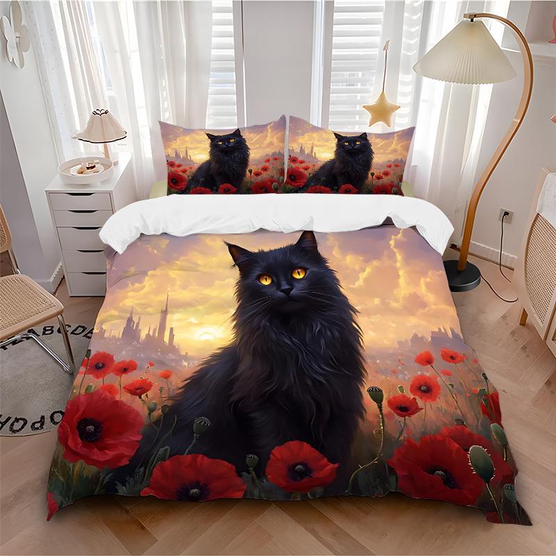 

3pcs bedding set Black Cat Includes 1 Comforter + 2 Pillowcases, Without Pillow Inserts, Soft Comfortable, Lightweight Breathable114 135x200cm