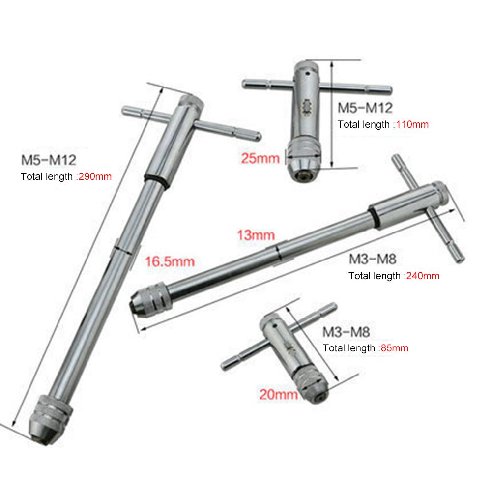 Adjustable T-Handle Ratchet Tap Wrench Machine Screw Thread Plug T-shaped Tool M3-M8 M5-M12 Metric Tap Wrench Hand Tapping Tools