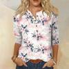 Ladies Floral Print Three Quarter Sleeve Button Collar Top T-Shirt Bottom Shirt