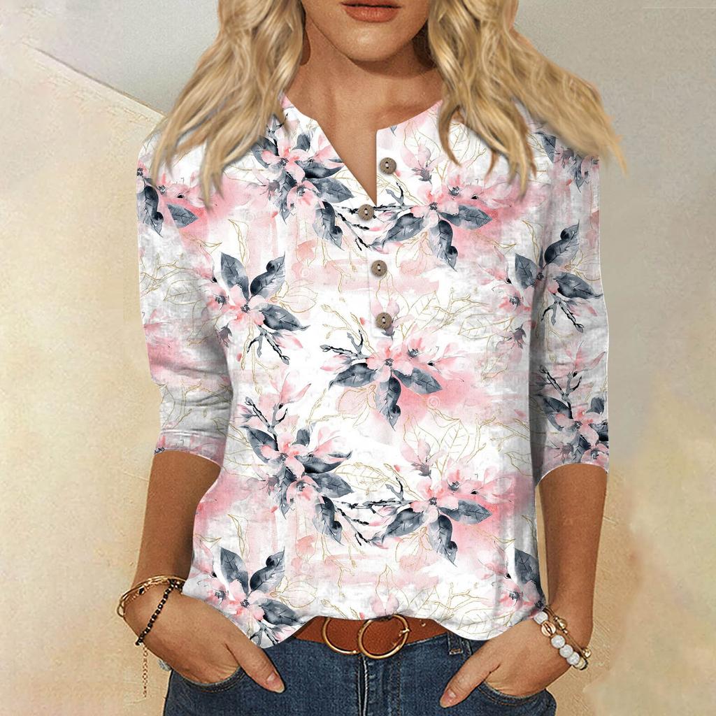 Ladies Floral Print Three Quarter Sleeve Button Collar Top T-Shirt Bottom Shirt