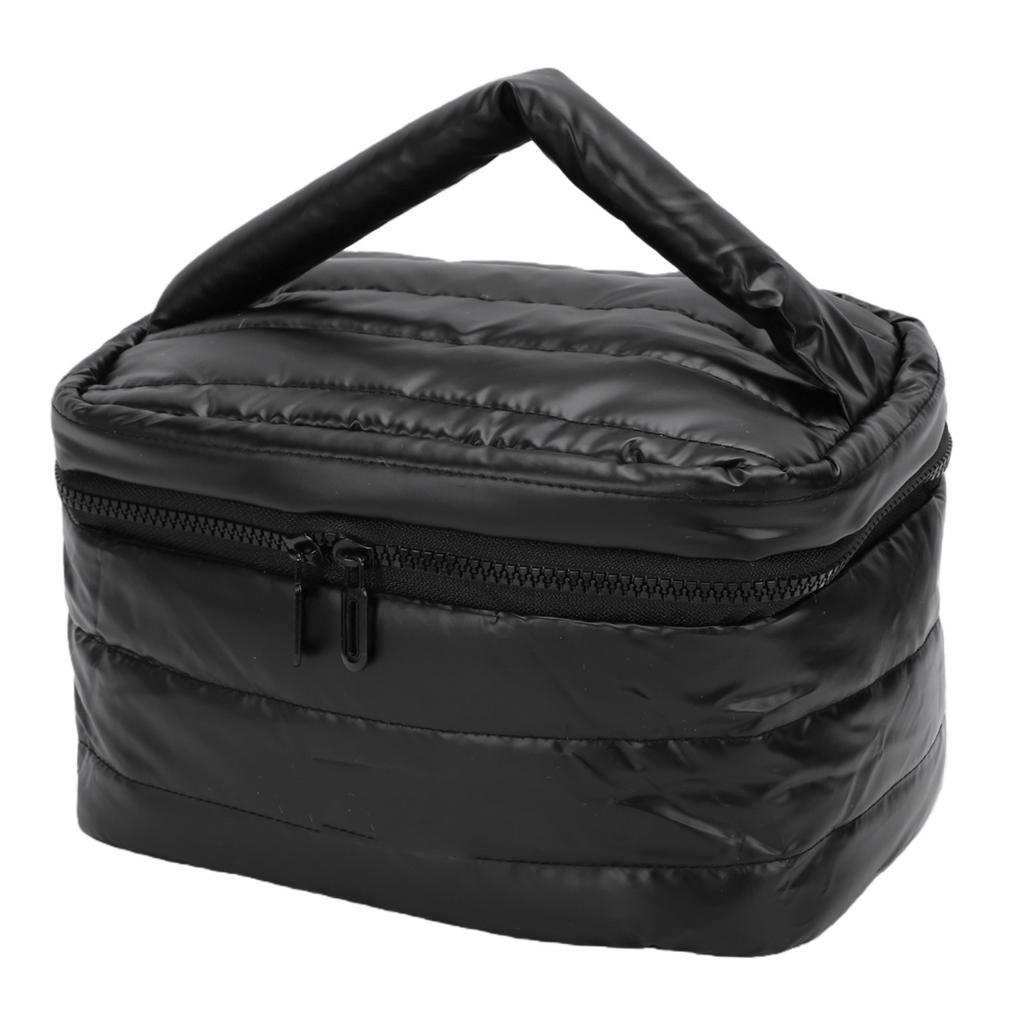 Quilted Makeup Bag Large Capacity Toiletry Organizer with Handle for Women Travel Gym Daily Use Black