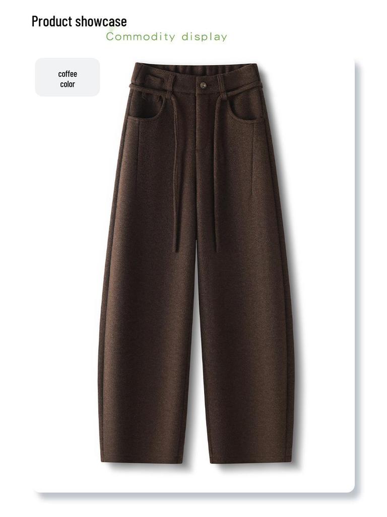 Winter 2025 Women's High-Waist Woolen Banana Pants - Dark Grey, Wide Leg, Soft & Smooth